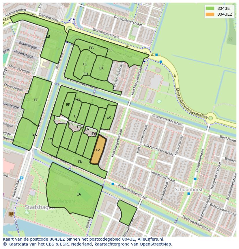 Afbeelding van het postcodegebied 8043 EZ op de kaart.