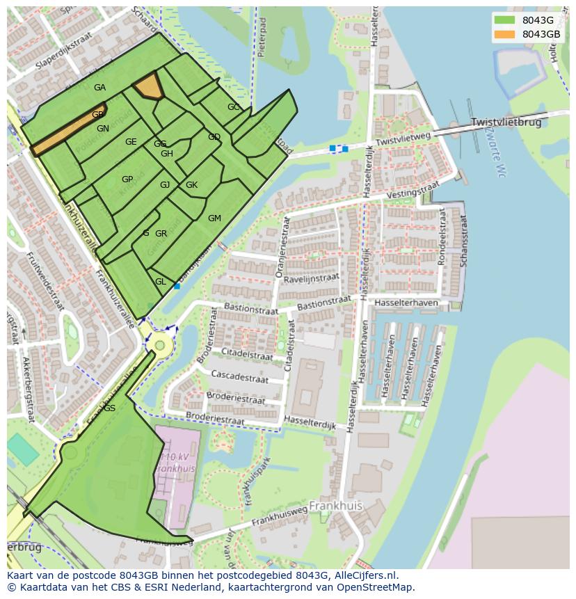 Afbeelding van het postcodegebied 8043 GB op de kaart.