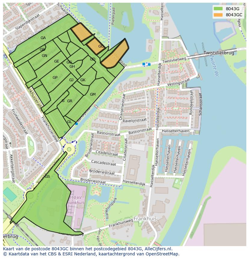 Afbeelding van het postcodegebied 8043 GC op de kaart.