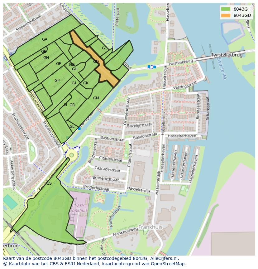 Afbeelding van het postcodegebied 8043 GD op de kaart.