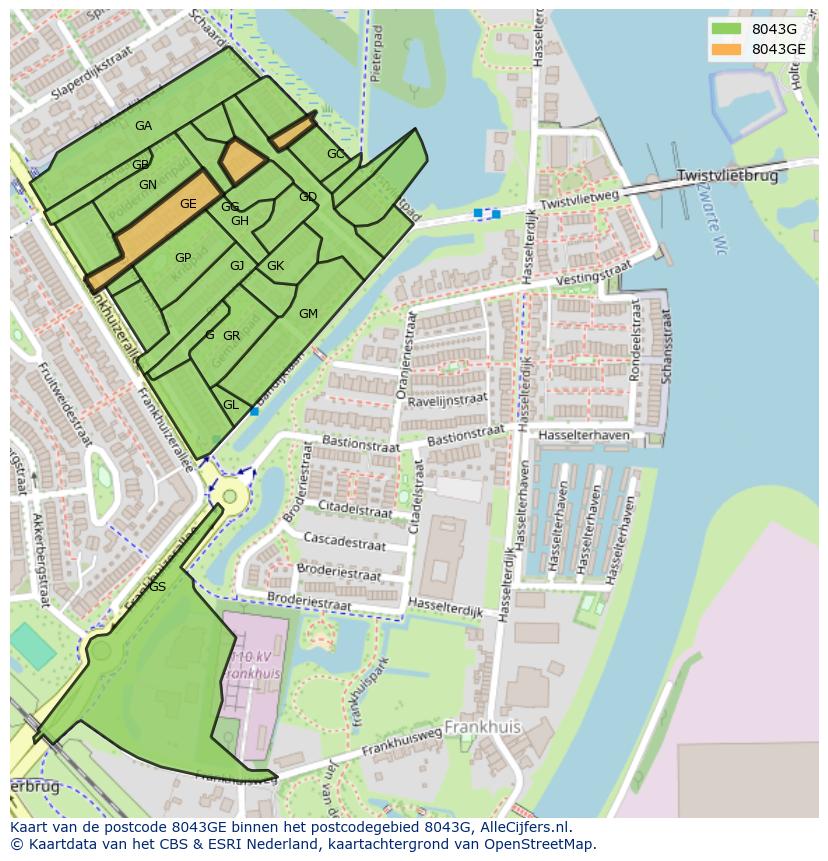 Afbeelding van het postcodegebied 8043 GE op de kaart.