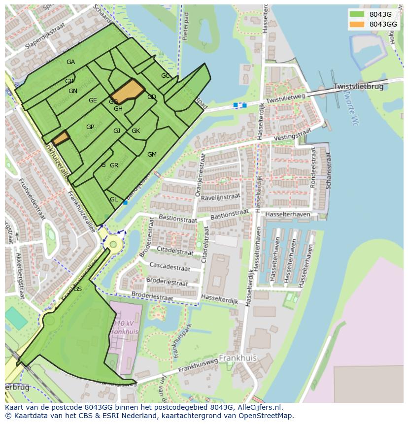 Afbeelding van het postcodegebied 8043 GG op de kaart.