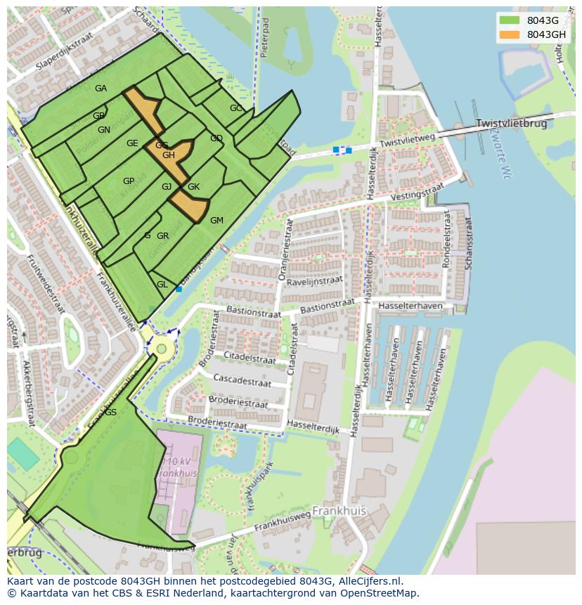 Afbeelding van het postcodegebied 8043 GH op de kaart.