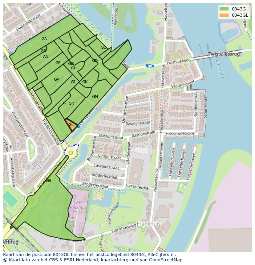 Afbeelding van het postcodegebied 8043 GL op de kaart.