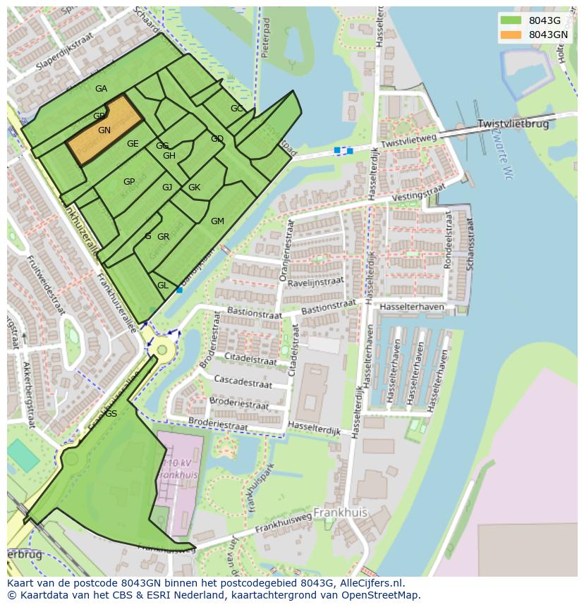 Afbeelding van het postcodegebied 8043 GN op de kaart.