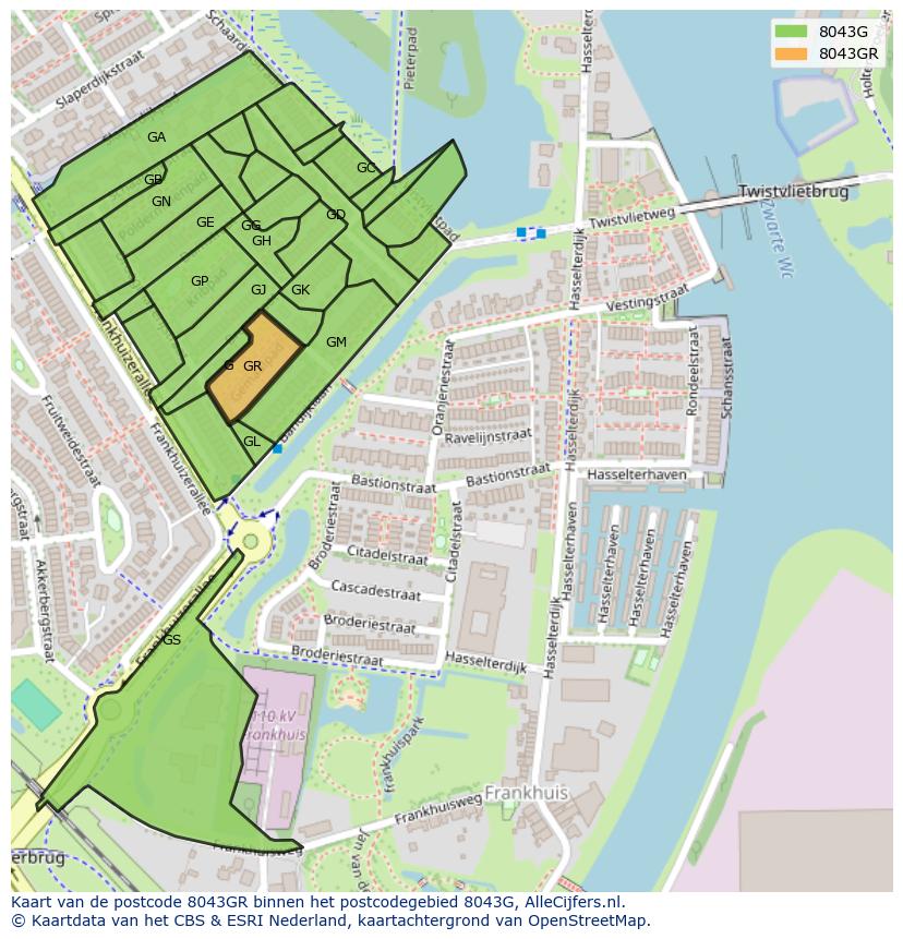 Afbeelding van het postcodegebied 8043 GR op de kaart.