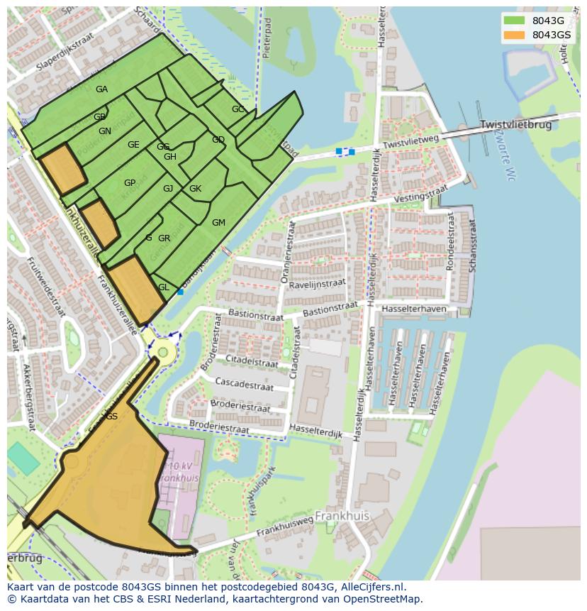 Afbeelding van het postcodegebied 8043 GS op de kaart.
