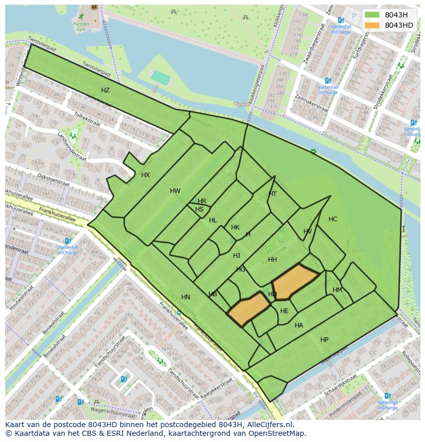 Afbeelding van het postcodegebied 8043 HD op de kaart.
