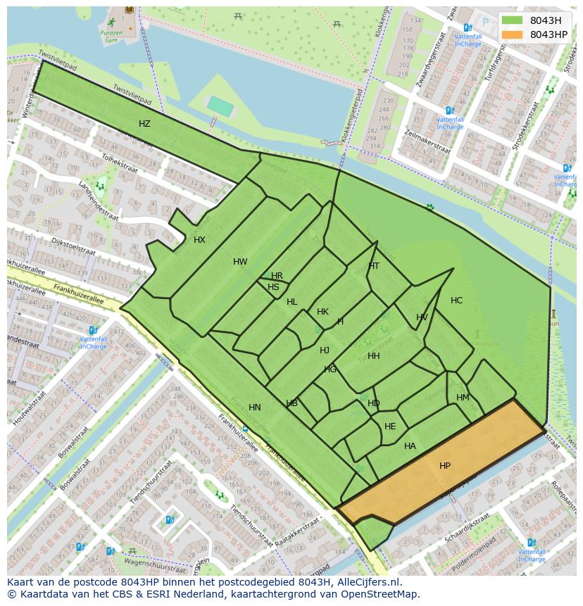 Afbeelding van het postcodegebied 8043 HP op de kaart.