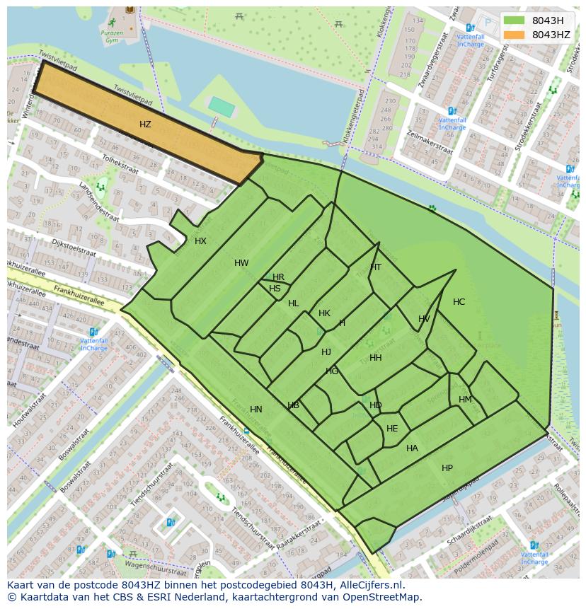 Afbeelding van het postcodegebied 8043 HZ op de kaart.