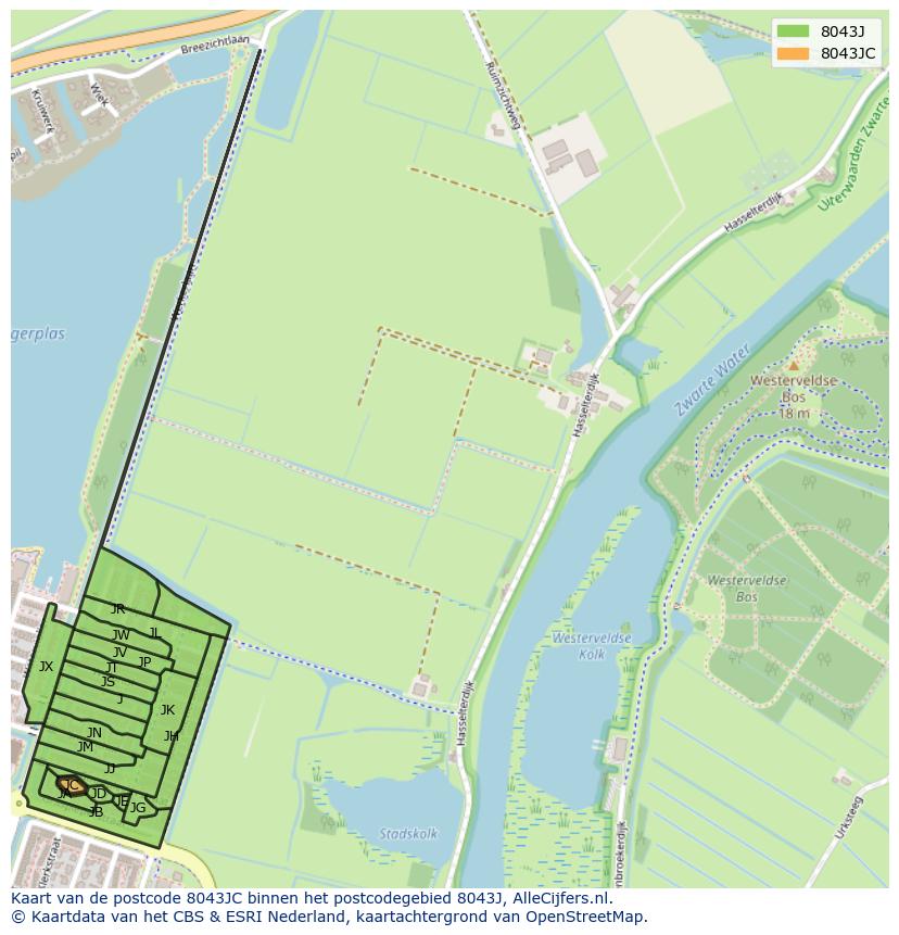 Afbeelding van het postcodegebied 8043 JC op de kaart.
