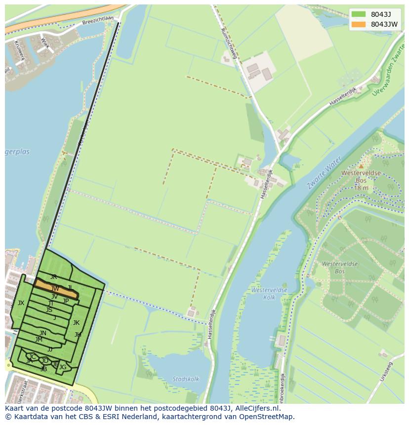Afbeelding van het postcodegebied 8043 JW op de kaart.