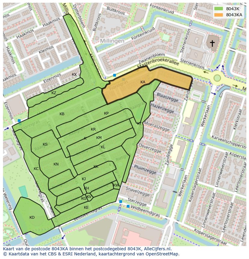 Afbeelding van het postcodegebied 8043 KA op de kaart.