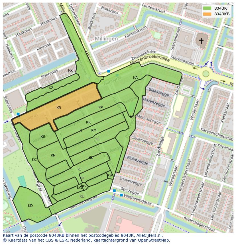 Afbeelding van het postcodegebied 8043 KB op de kaart.
