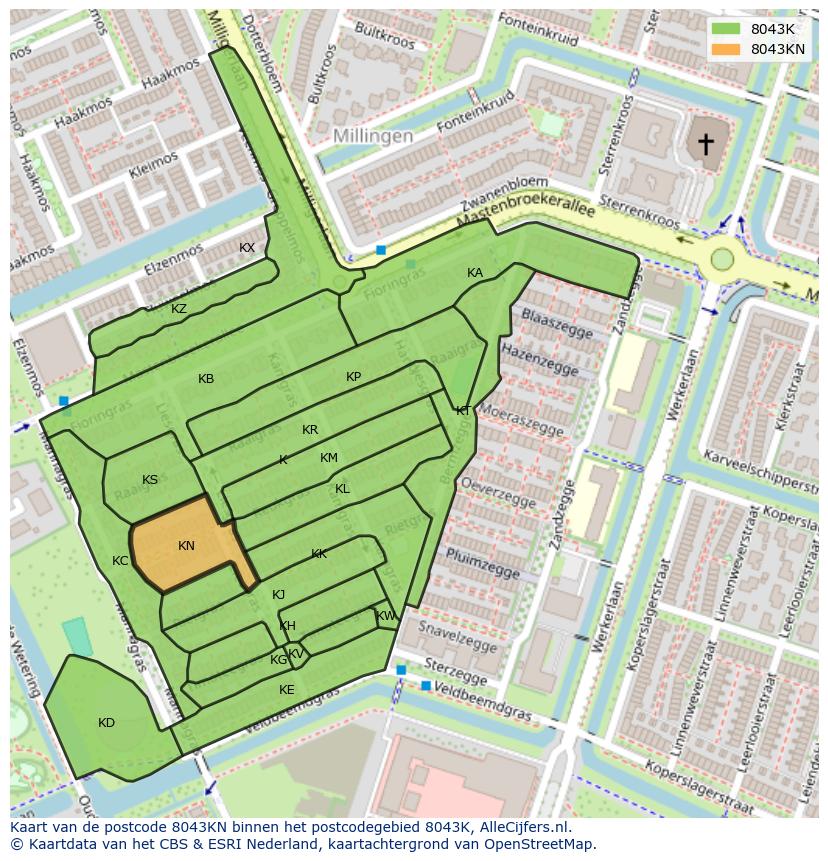 Afbeelding van het postcodegebied 8043 KN op de kaart.