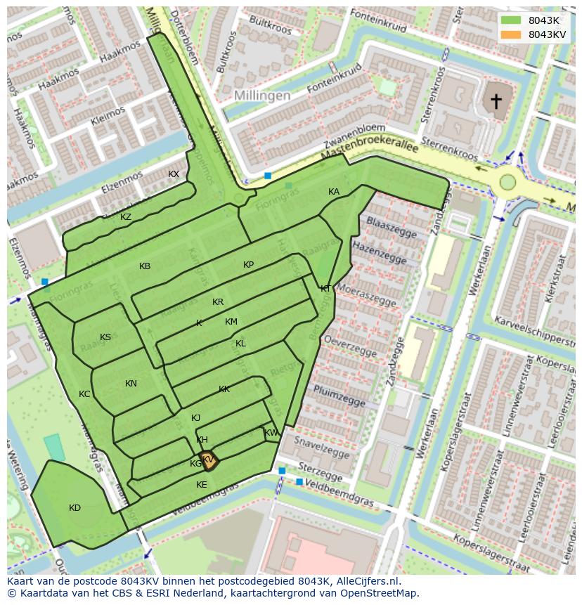 Afbeelding van het postcodegebied 8043 KV op de kaart.
