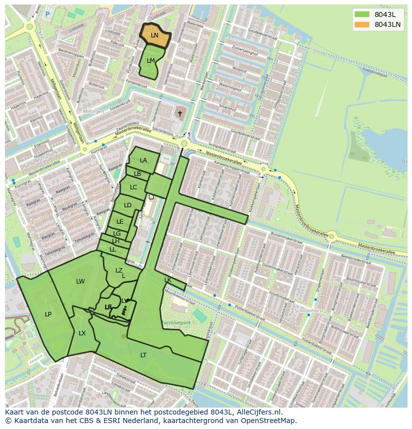 Afbeelding van het postcodegebied 8043 LN op de kaart.