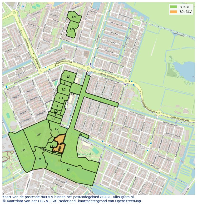 Afbeelding van het postcodegebied 8043 LV op de kaart.