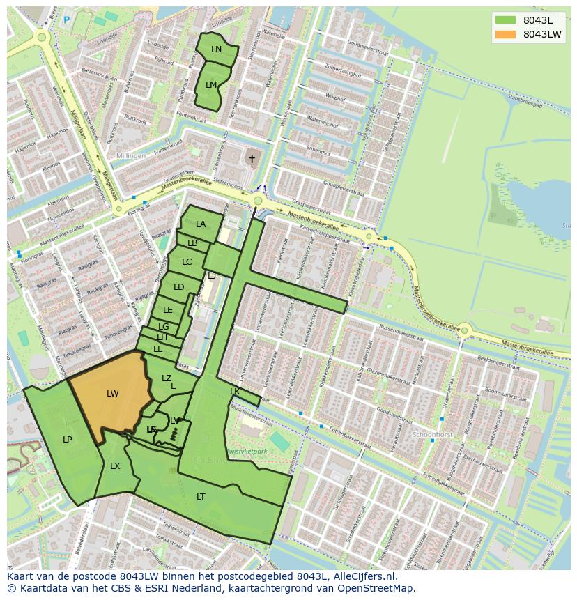 Afbeelding van het postcodegebied 8043 LW op de kaart.