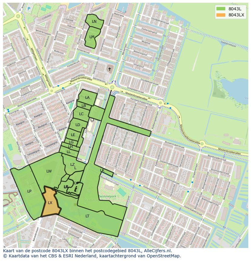 Afbeelding van het postcodegebied 8043 LX op de kaart.