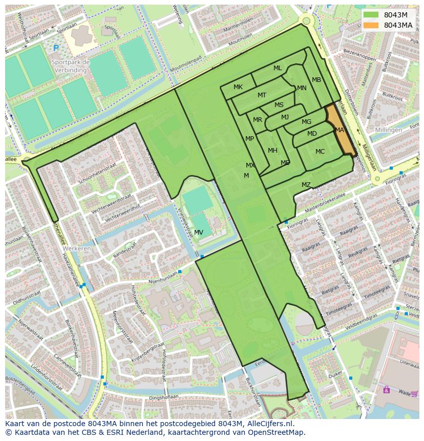 Afbeelding van het postcodegebied 8043 MA op de kaart.
