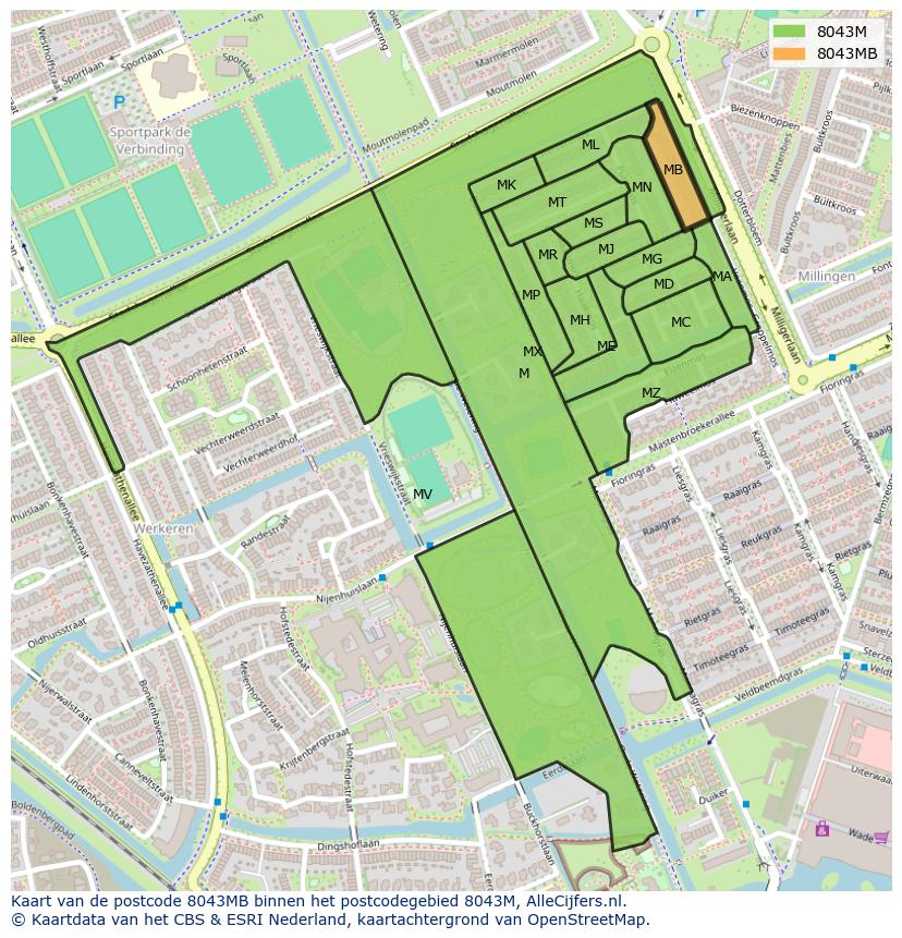 Afbeelding van het postcodegebied 8043 MB op de kaart.