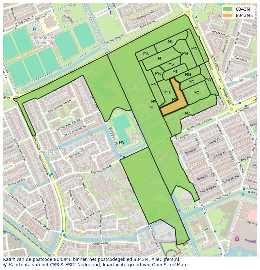 Afbeelding van het postcodegebied 8043 ME op de kaart.