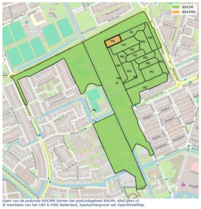 Afbeelding van het postcodegebied 8043 MK op de kaart.