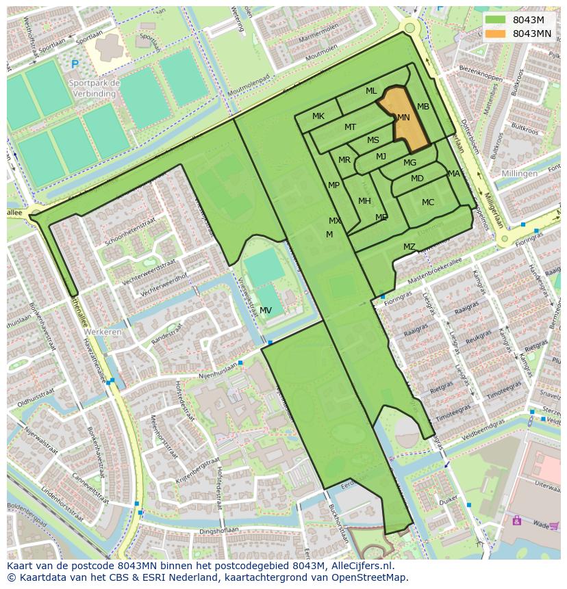 Afbeelding van het postcodegebied 8043 MN op de kaart.