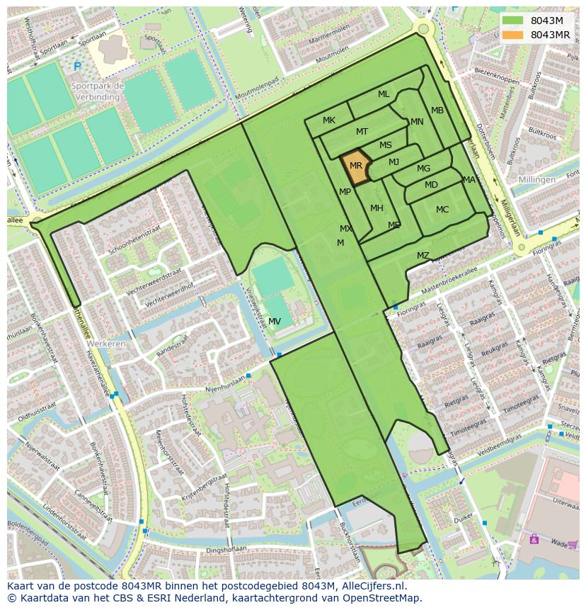 Afbeelding van het postcodegebied 8043 MR op de kaart.