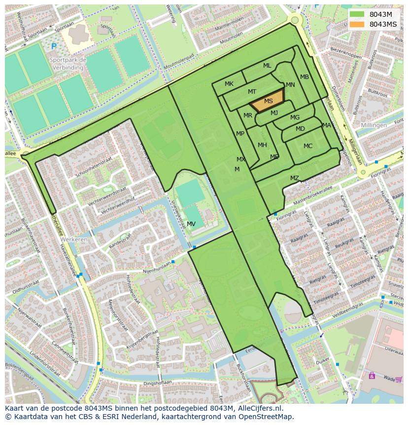 Afbeelding van het postcodegebied 8043 MS op de kaart.
