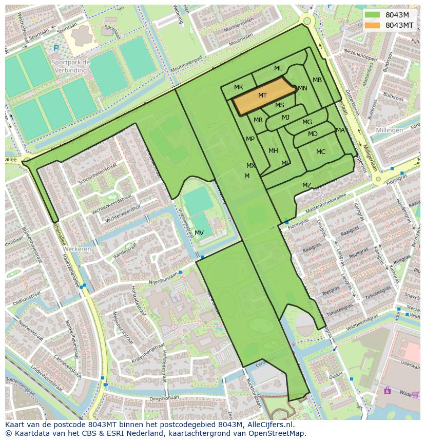 Afbeelding van het postcodegebied 8043 MT op de kaart.
