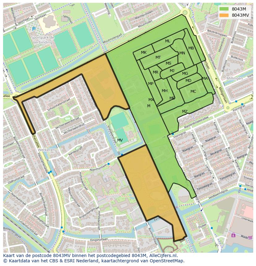 Afbeelding van het postcodegebied 8043 MV op de kaart.