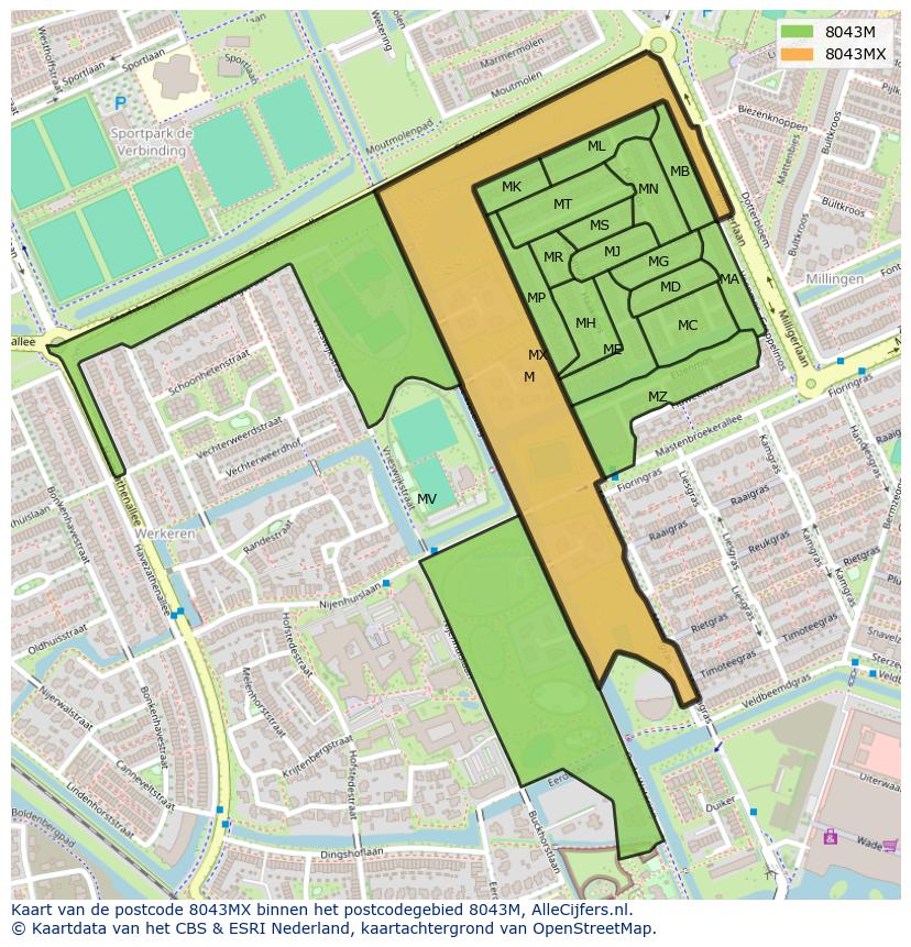 Afbeelding van het postcodegebied 8043 MX op de kaart.