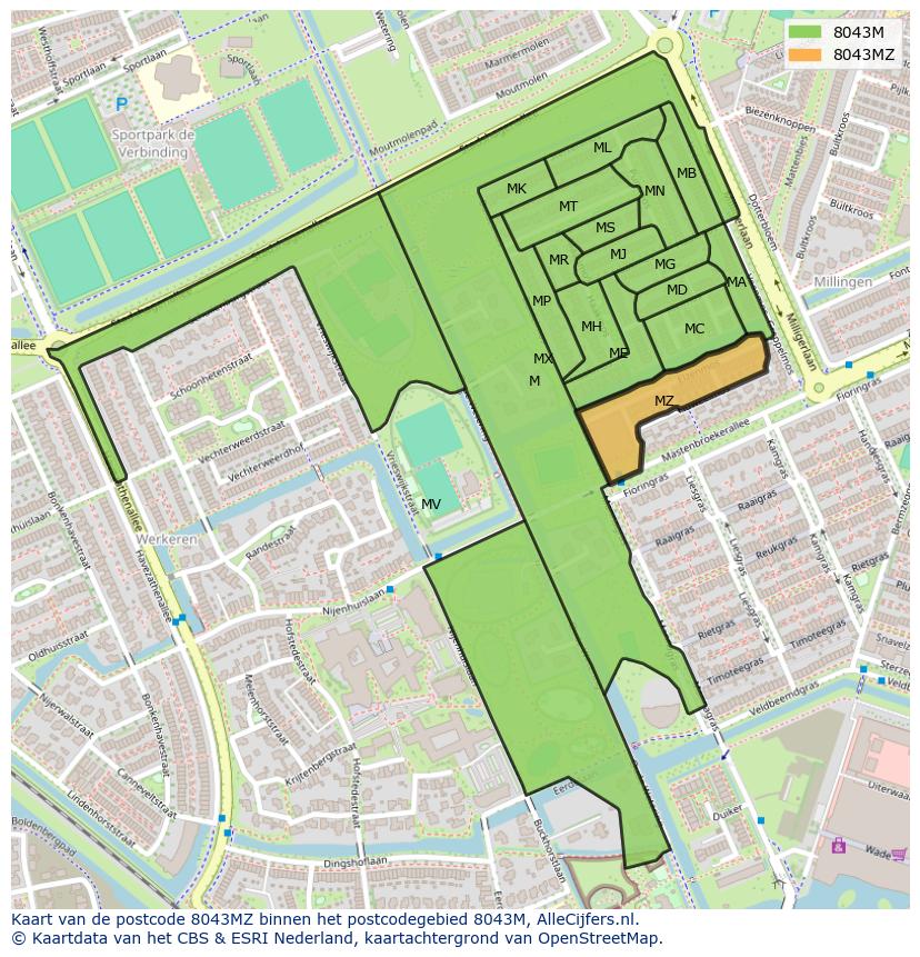 Afbeelding van het postcodegebied 8043 MZ op de kaart.