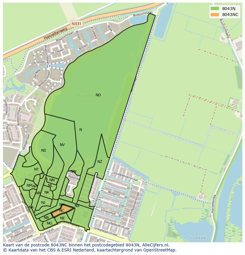 Afbeelding van het postcodegebied 8043 NC op de kaart.