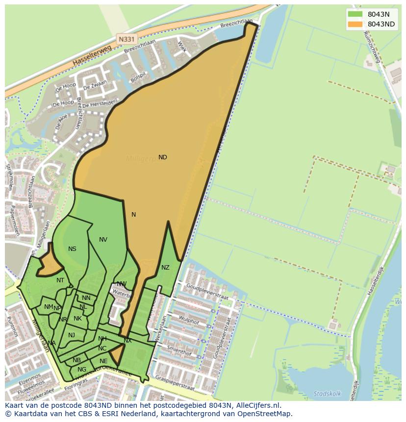 Afbeelding van het postcodegebied 8043 ND op de kaart.