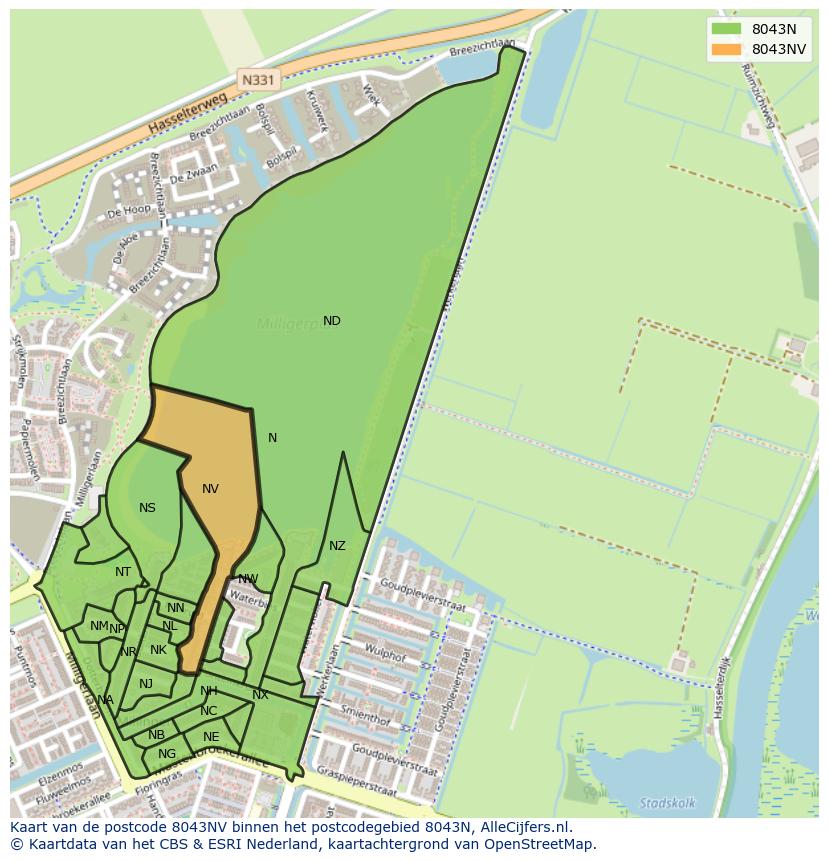 Afbeelding van het postcodegebied 8043 NV op de kaart.
