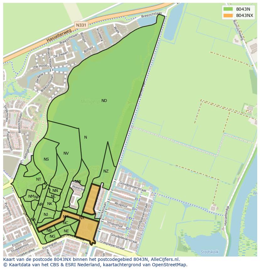 Afbeelding van het postcodegebied 8043 NX op de kaart.