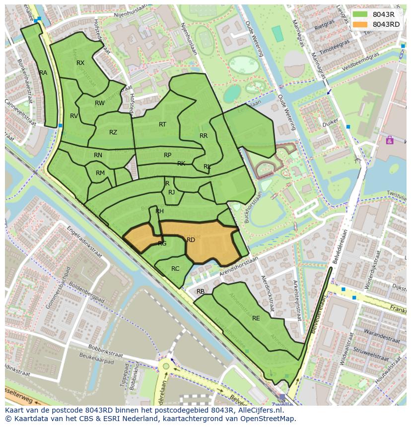 Afbeelding van het postcodegebied 8043 RD op de kaart.