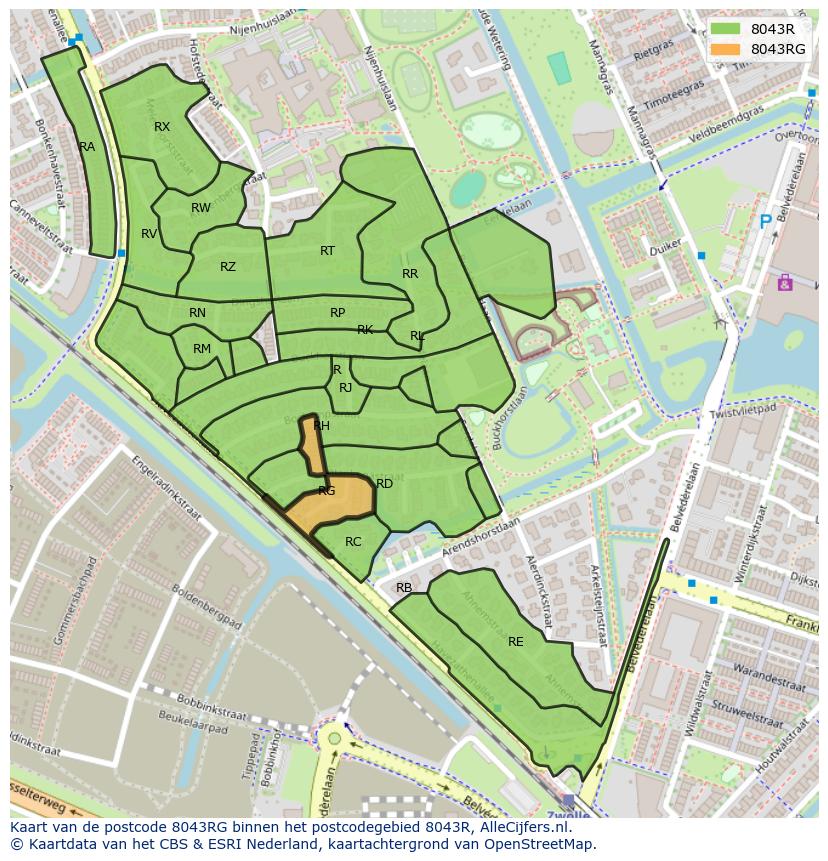 Afbeelding van het postcodegebied 8043 RG op de kaart.