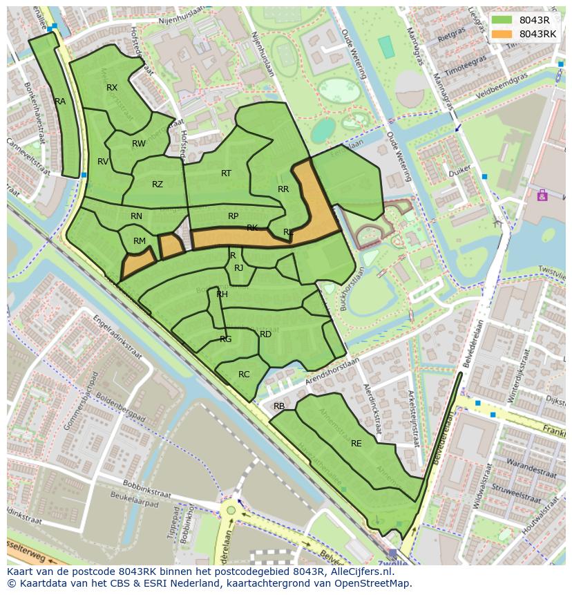 Afbeelding van het postcodegebied 8043 RK op de kaart.