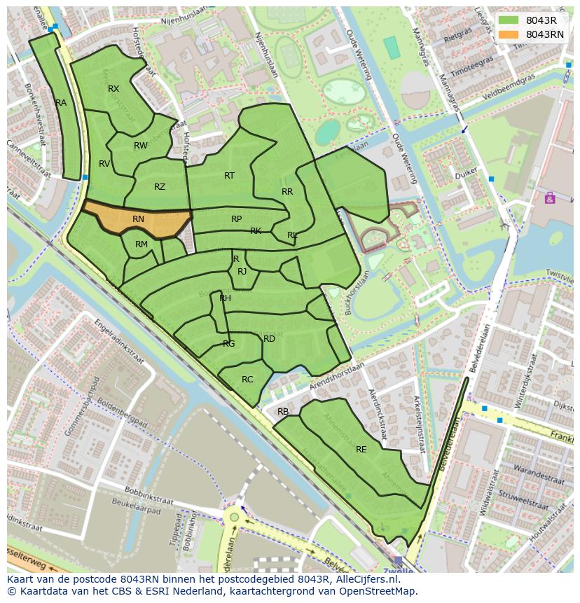 Afbeelding van het postcodegebied 8043 RN op de kaart.