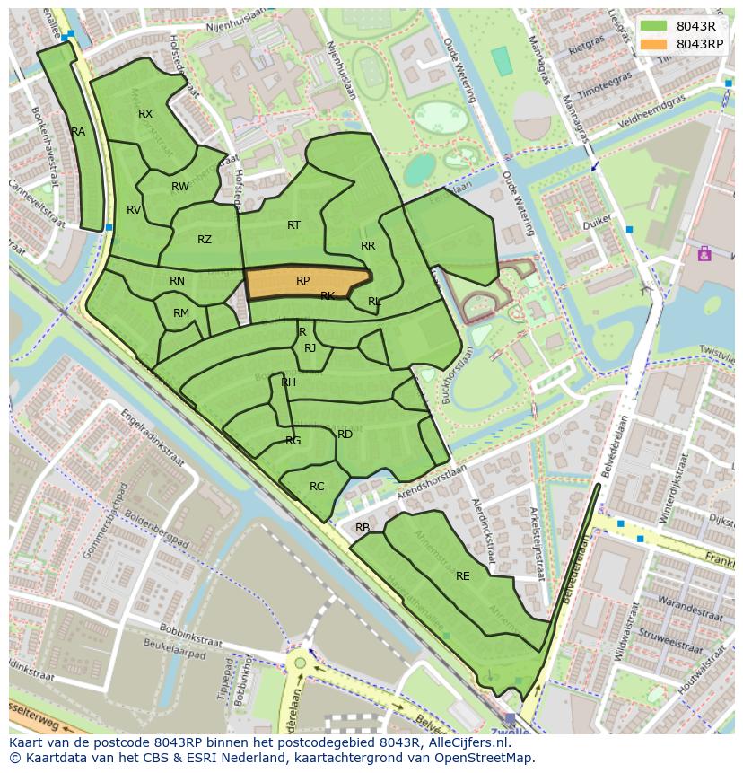 Afbeelding van het postcodegebied 8043 RP op de kaart.