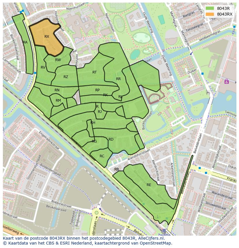 Afbeelding van het postcodegebied 8043 RX op de kaart.