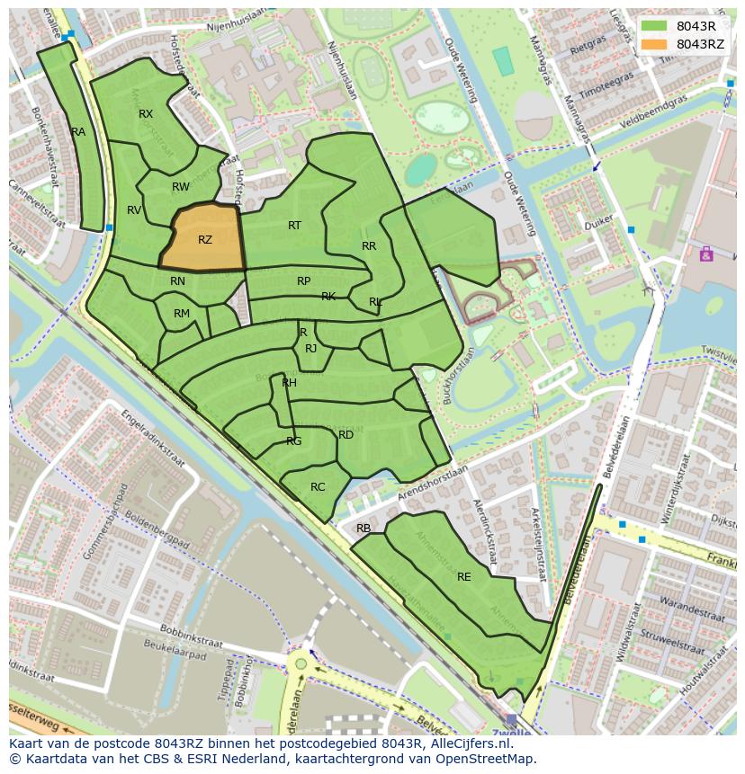 Afbeelding van het postcodegebied 8043 RZ op de kaart.