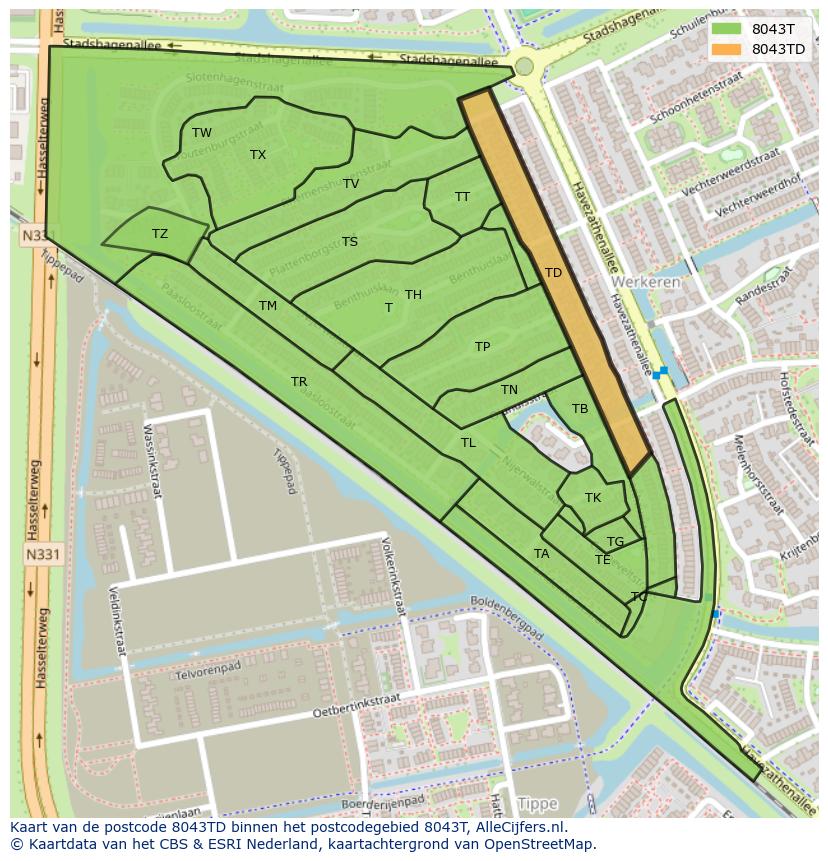 Afbeelding van het postcodegebied 8043 TD op de kaart.