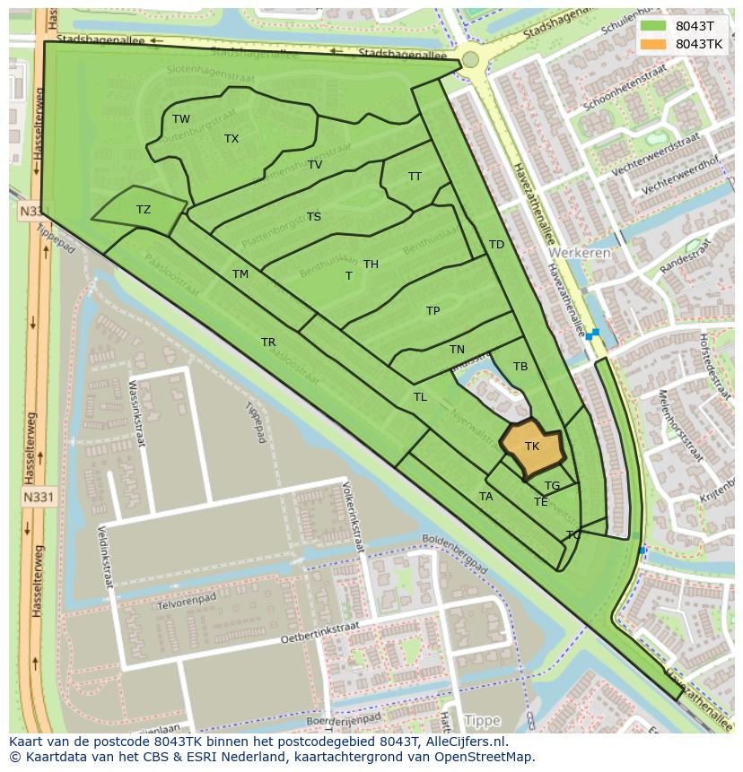 Afbeelding van het postcodegebied 8043 TK op de kaart.