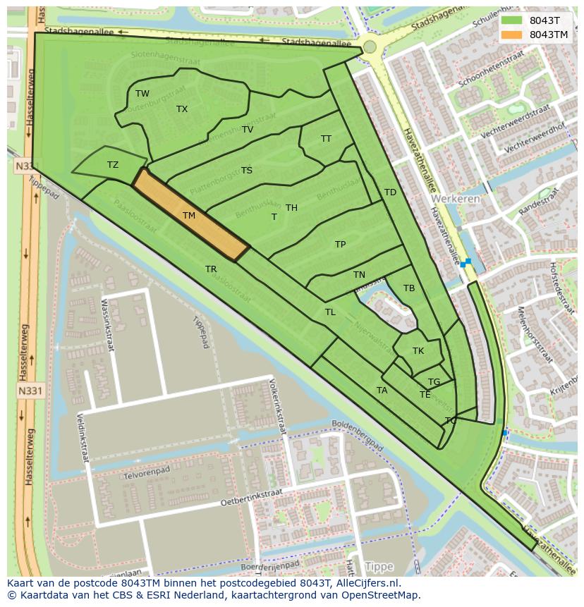 Afbeelding van het postcodegebied 8043 TM op de kaart.