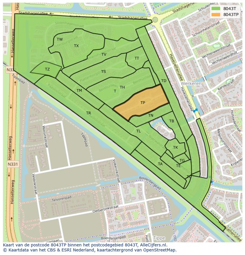 Afbeelding van het postcodegebied 8043 TP op de kaart.